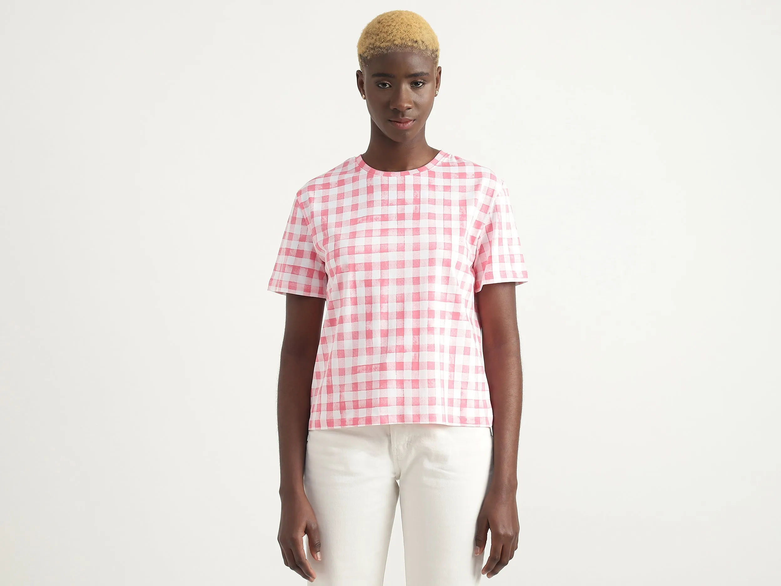 Cotton Checked Round Neck Women T-shirts