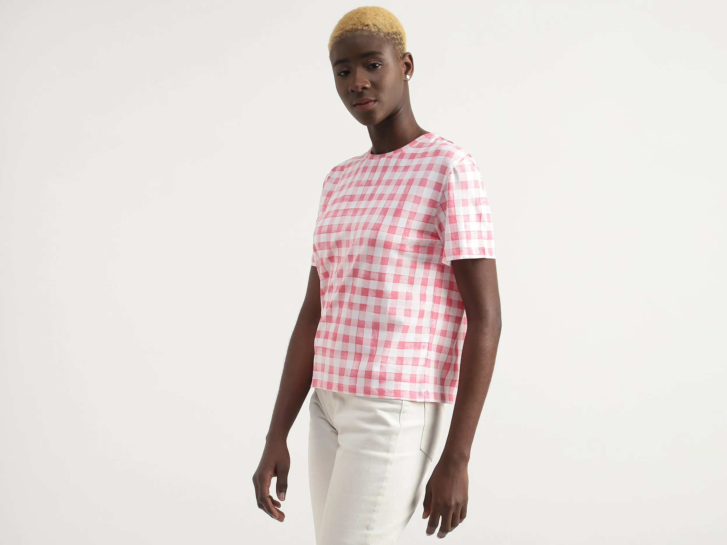 Cotton Checked Round Neck Women T-shirts