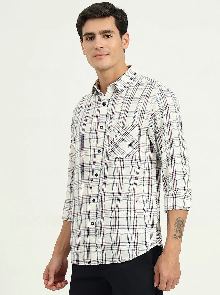 Cream & Blue Checked Slim Fit Casual Shirt | Greenfibre