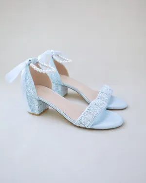 Crochet Lace Block Heel Wedding Sandals with Pearl Ankle Strap
