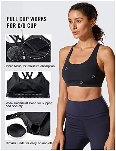 CRZ YOGA Strappy Padded Sports Bra for Women Activewear Medium Support Workout Yoga Bra Tops Black-Logo Medium