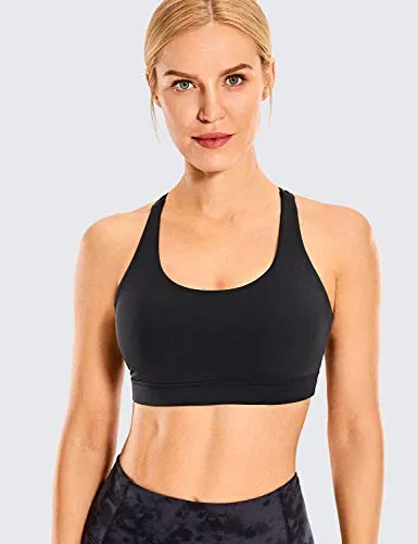CRZ YOGA Strappy Padded Sports Bra for Women Activewear Medium Support Workout Yoga Bra Tops Black-Logo Medium