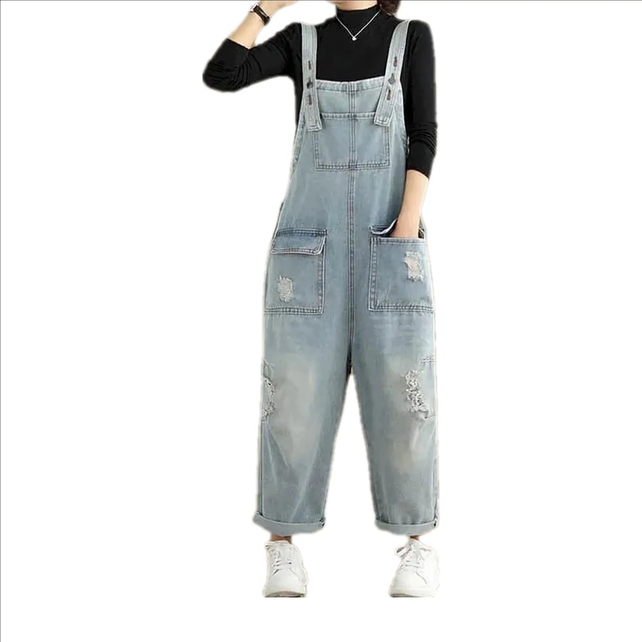 Cuffed denim overall for women
