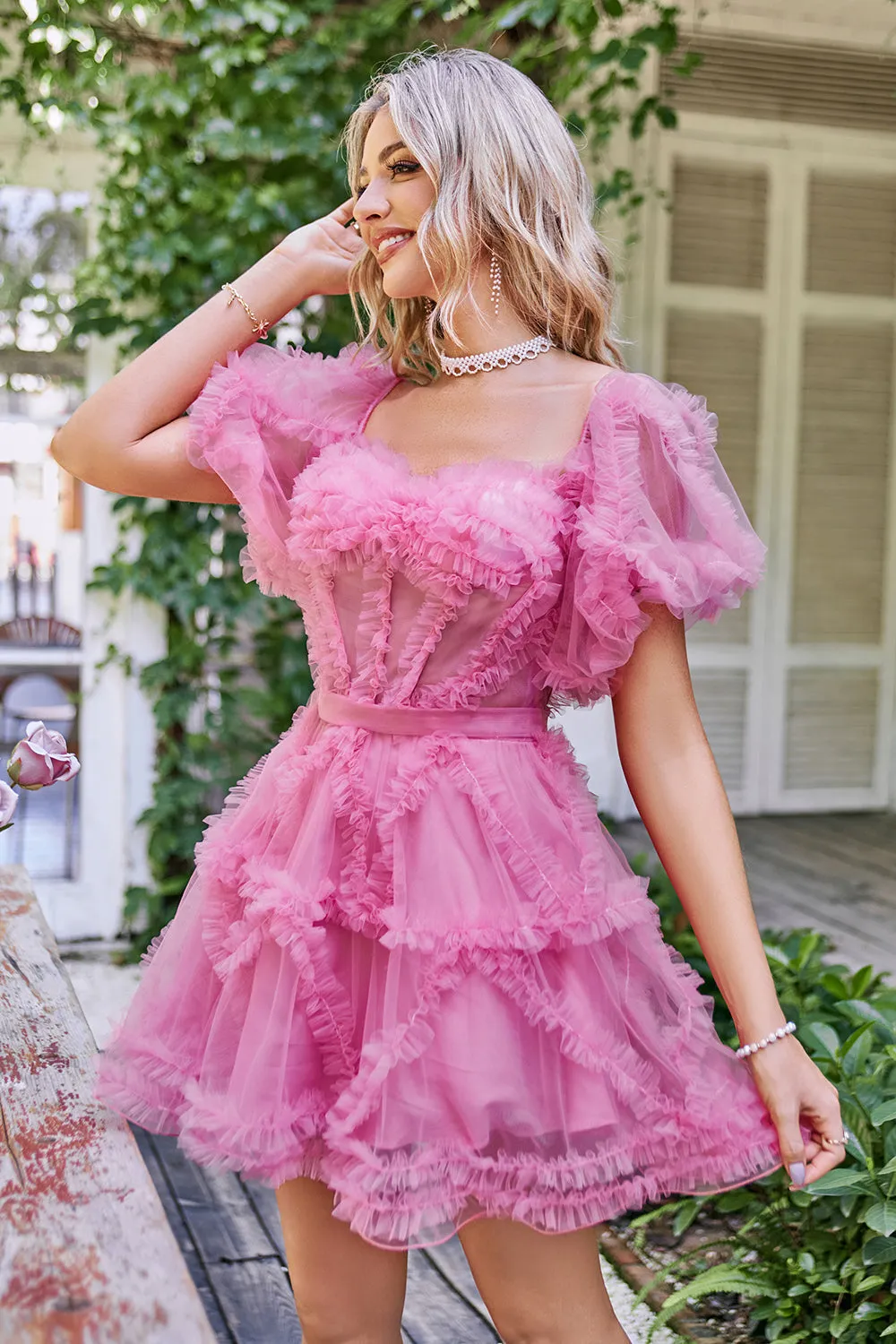 Cute Blush A line Tulle Off The Shoulder Short Homecoming Dress