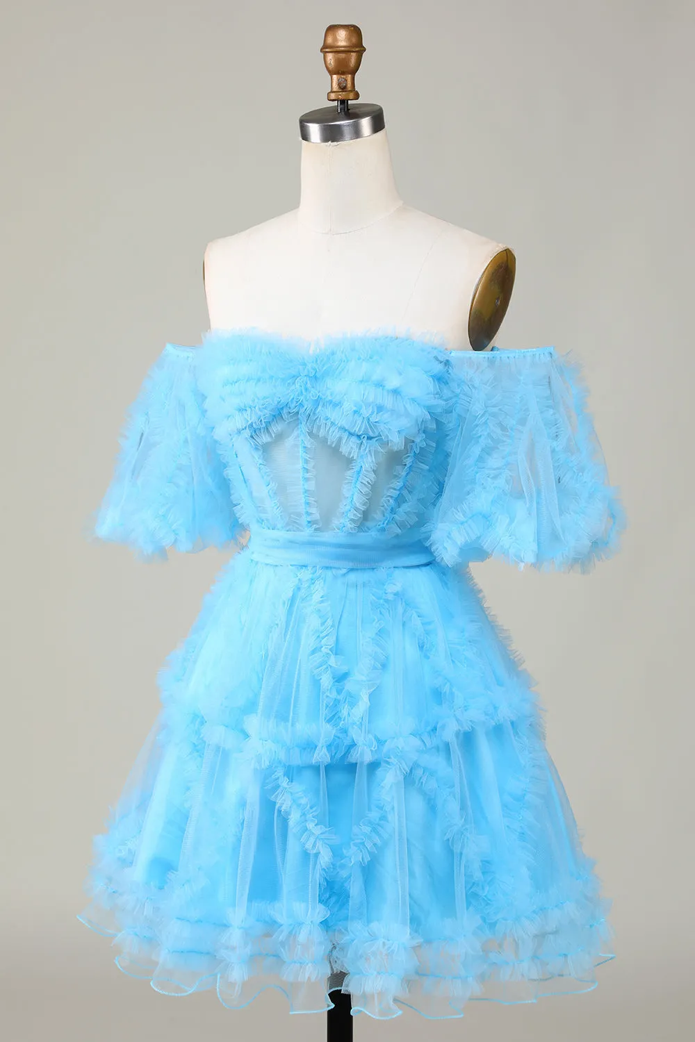 Cute Blush A line Tulle Off The Shoulder Short Homecoming Dress