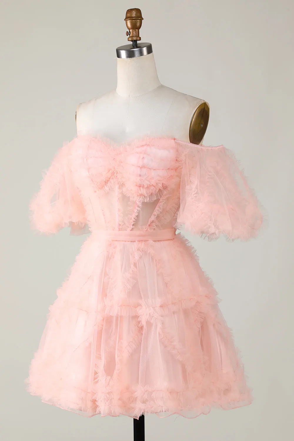Cute Blush A line Tulle Off The Shoulder Short Homecoming Dress