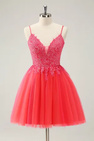 Cute Hot Pink A Line Spaghetti Straps Sequin Short Homecoming Dress with Appliques