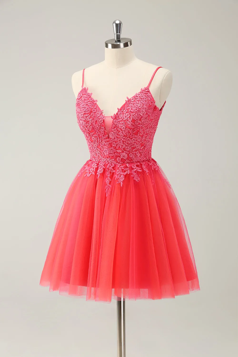 Cute Hot Pink A Line Spaghetti Straps Sequin Short Homecoming Dress with Appliques