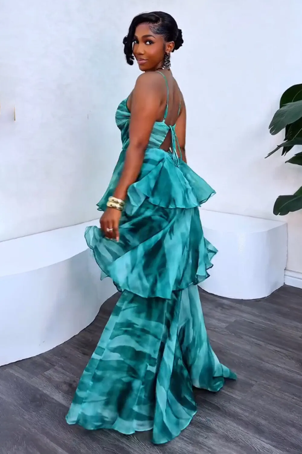 Cutout Print Tiered Party Vacation Maxi Slip Dresses-Green [Pre Order]
