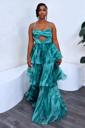 Cutout Print Tiered Party Vacation Maxi Slip Dresses-Green [Pre Order]