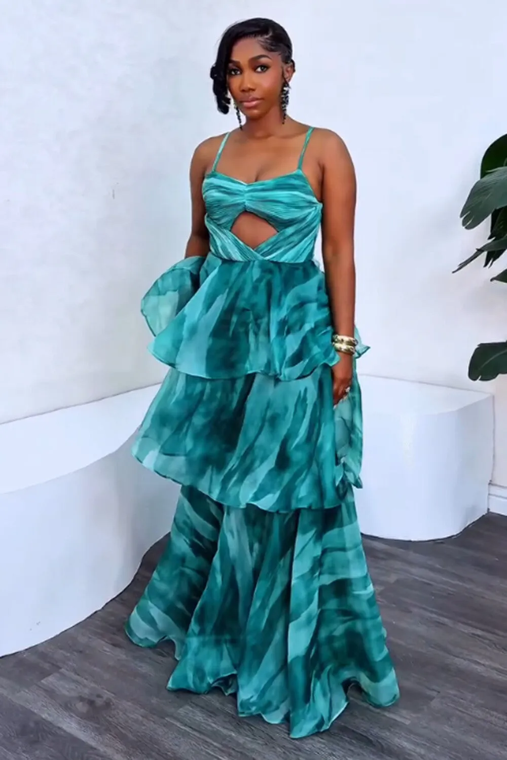 Cutout Print Tiered Party Vacation Maxi Slip Dresses-Green [Pre Order]