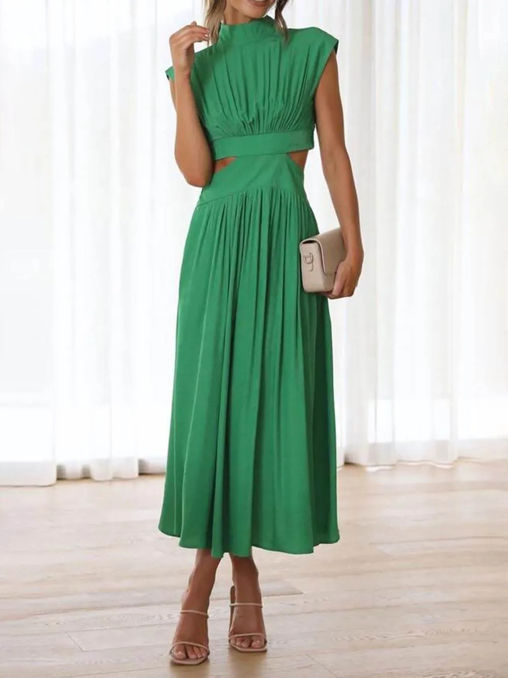 Cutout Waist Pocketed Charming Vacation Midi Dress