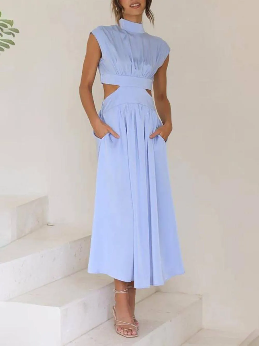 Cutout Waist Pocketed Charming Vacation Midi Dress