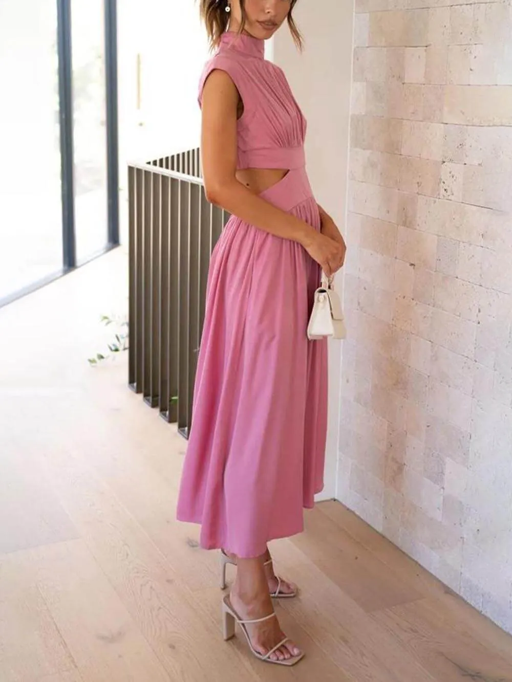 Cutout Waist Pocketed Charming Vacation Midi Dress