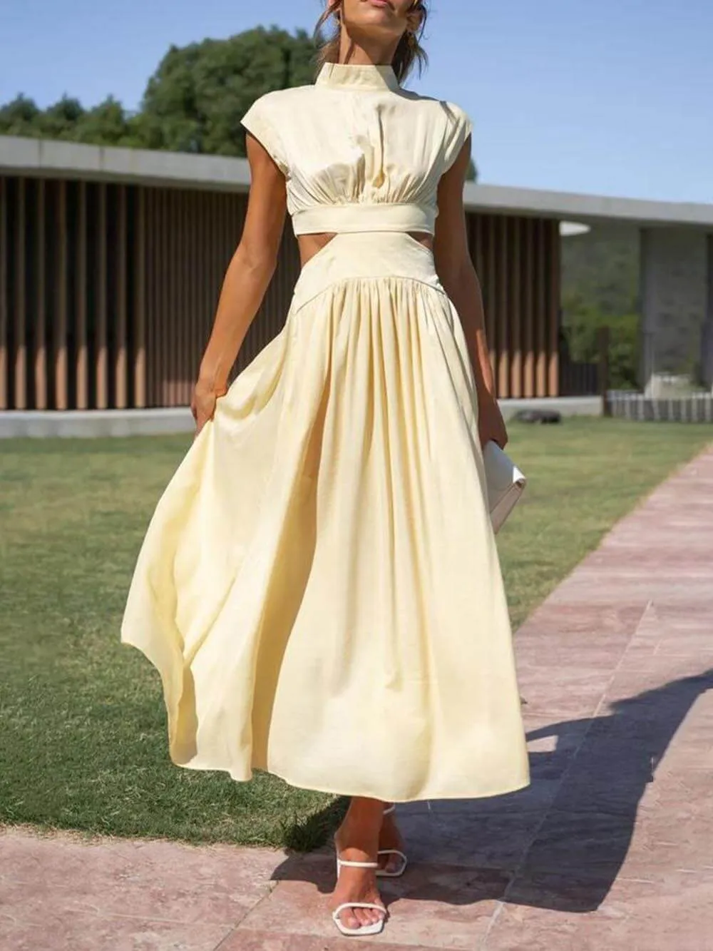 Cutout Waist Pocketed Charming Vacation Midi Dress