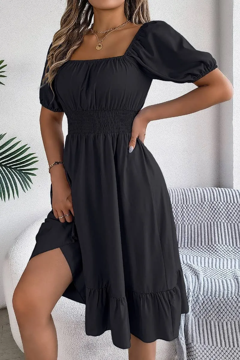 CWDSD4632_SQUARE NECK SHORT SLEEVE WAIST PEPLUM DRESS