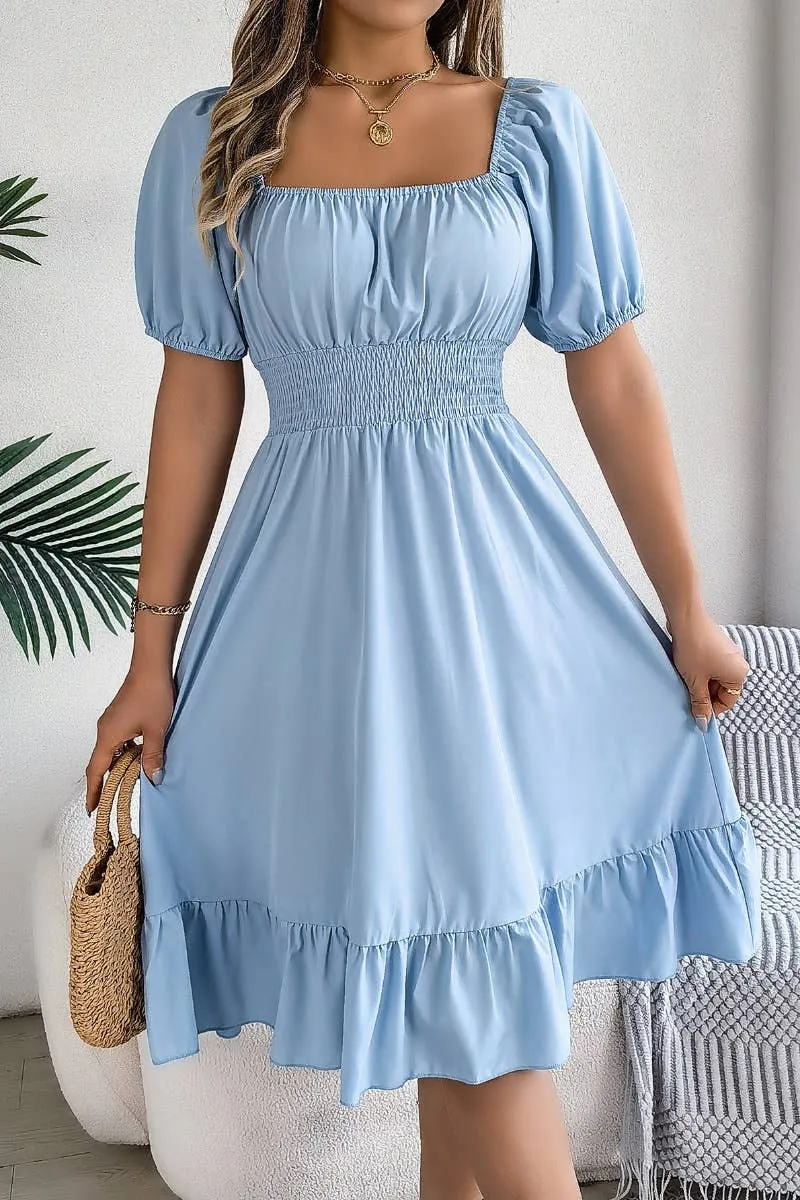 CWDSD4632_SQUARE NECK SHORT SLEEVE WAIST PEPLUM DRESS