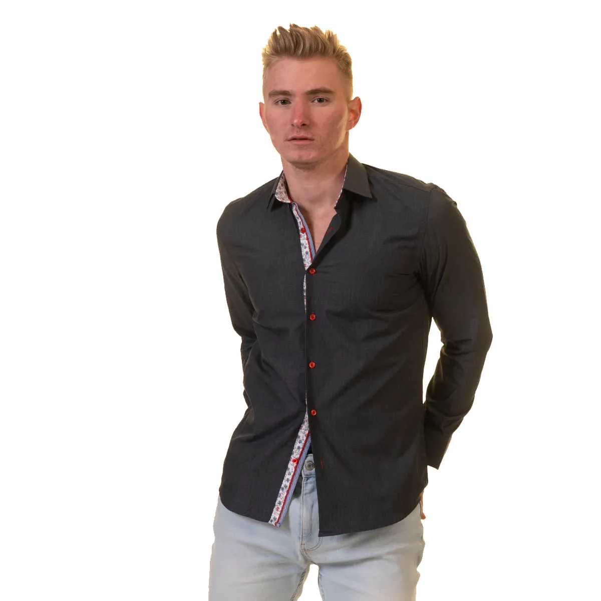 Dark Blue Multicolor Pattern Mens Slim Fit Designer Dress Shirt - tailored Cotton Shirts for Work