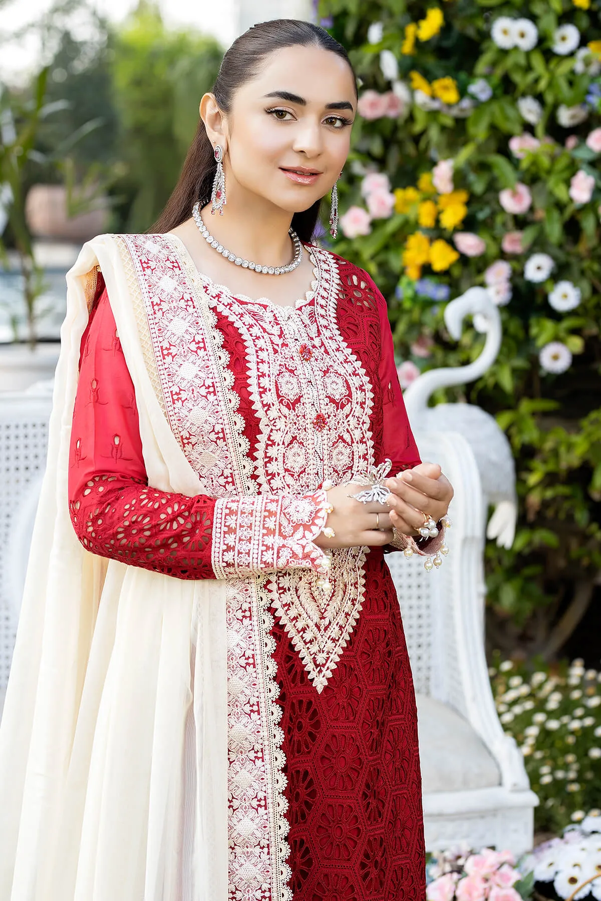 Deep Red Embroidered Long Kameez Trousers Pakistani Party Dress