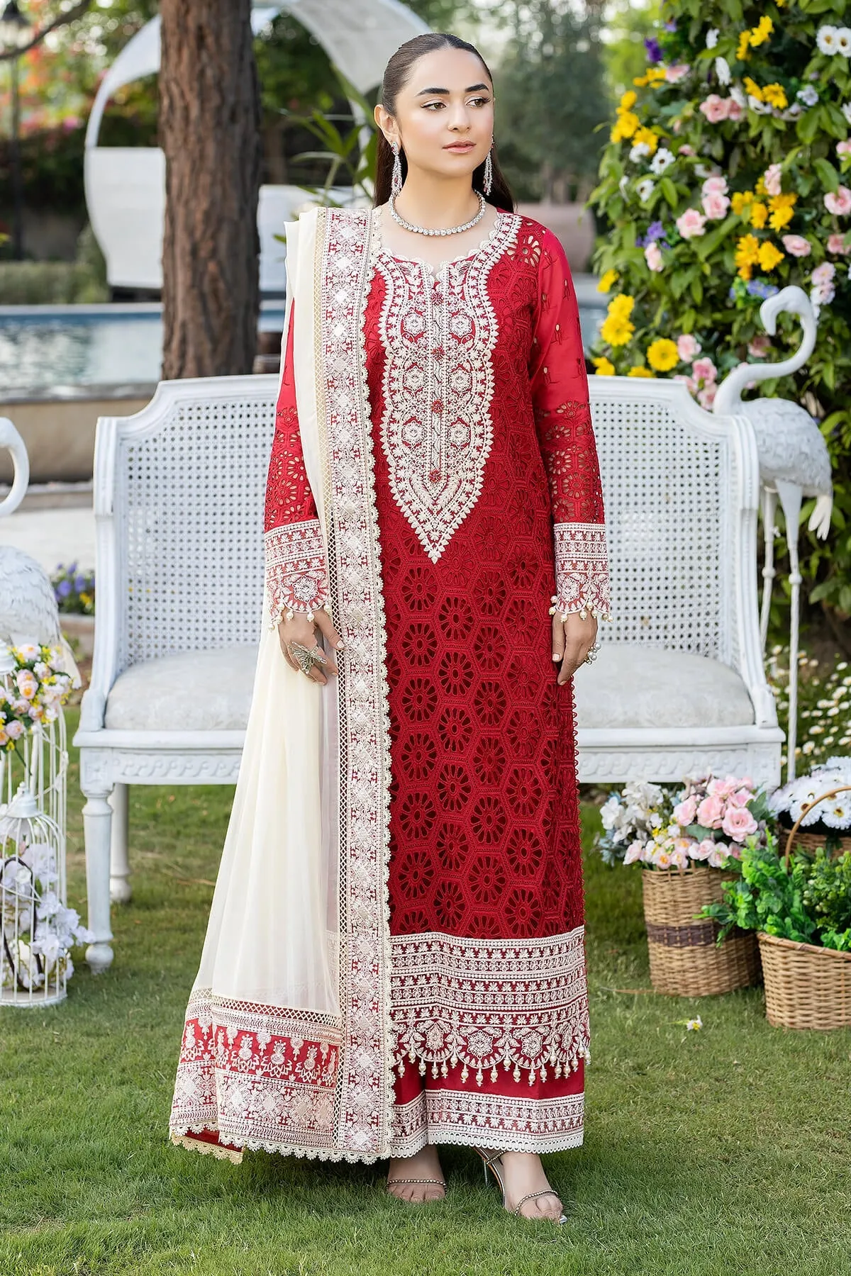 Deep Red Embroidered Long Kameez Trousers Pakistani Party Dress