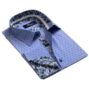 Denim Blue Mens Slim Fit French Cuff Shirts with Cufflink Holes - Casual and Formal