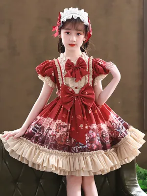 Designed Neckline Tulle Short Sleeves Short A-Line Bows Red Kids Party Dresses