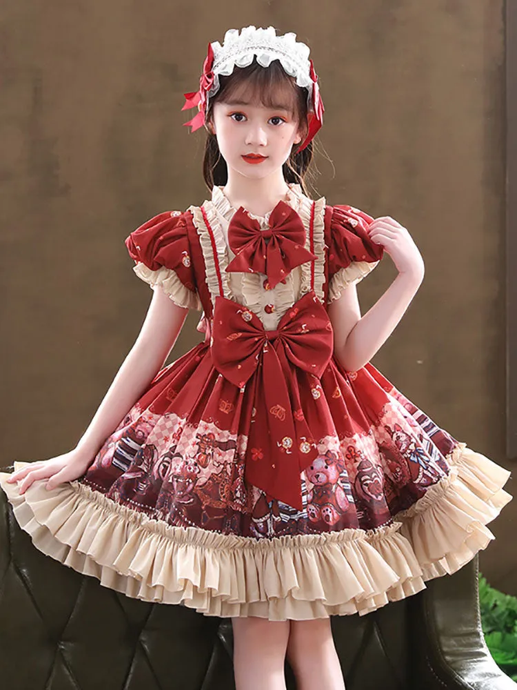 Designed Neckline Tulle Short Sleeves Short A-Line Bows Red Kids Party Dresses