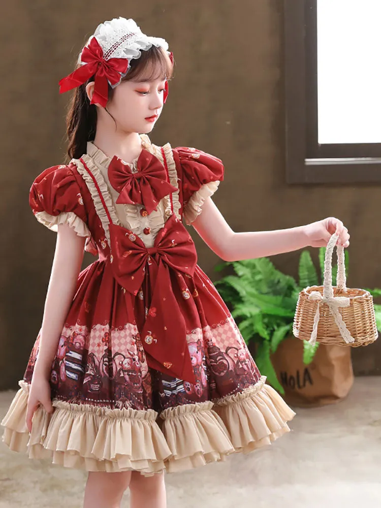 Designed Neckline Tulle Short Sleeves Short A-Line Bows Red Kids Party Dresses