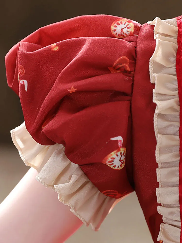 Designed Neckline Tulle Short Sleeves Short A-Line Bows Red Kids Party Dresses