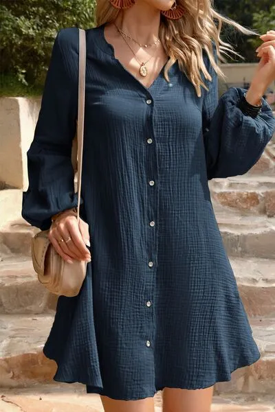 Devine Notched Balloon Sleeve Mini Dress