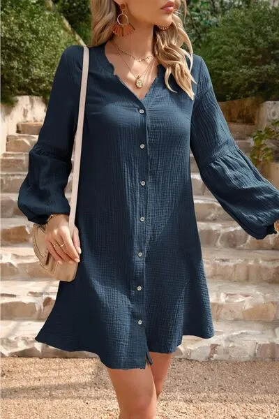 Devine Notched Balloon Sleeve Mini Dress
