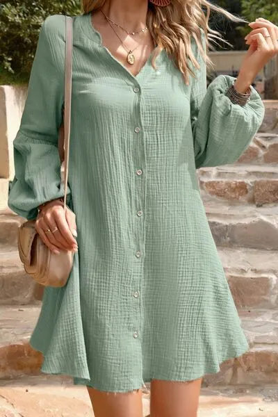Devine Notched Balloon Sleeve Mini Dress