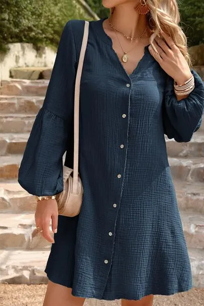 Devine Notched Balloon Sleeve Mini Dress