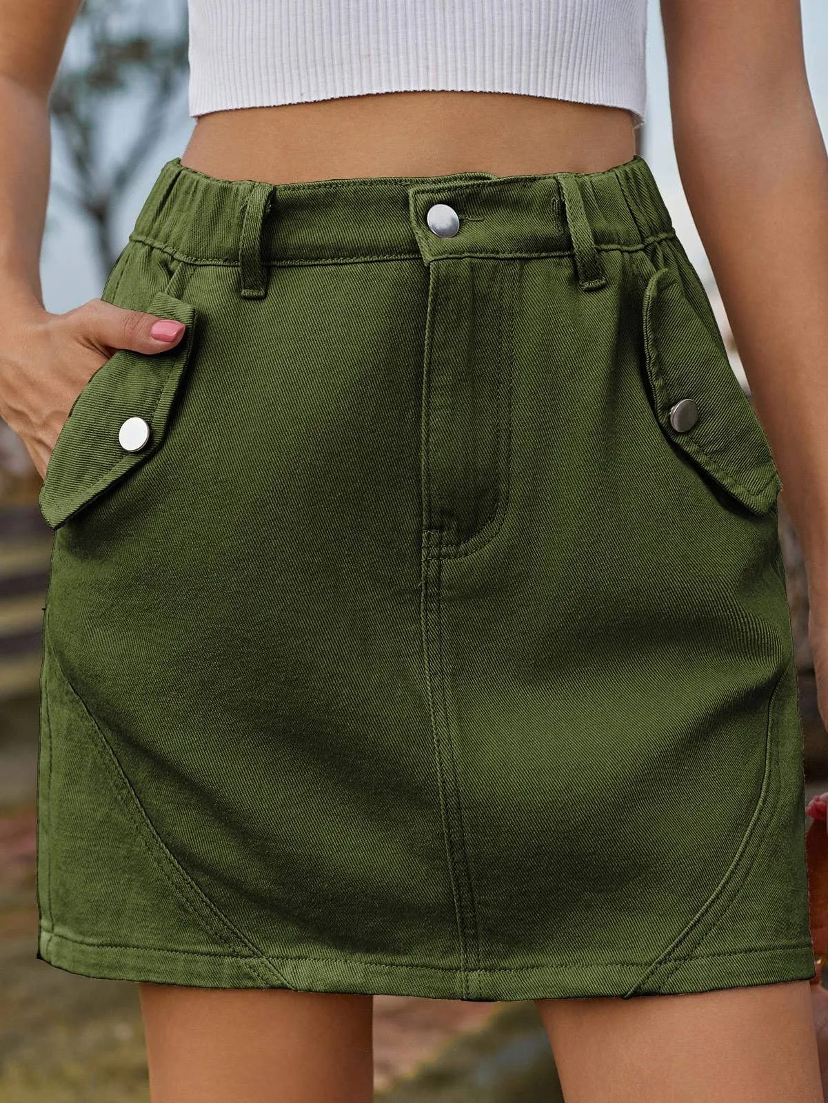 Elastic waist colored high rise cargo denim mini skirt: Beige / L
