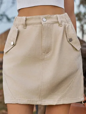 Elastic waist colored high rise cargo denim mini skirt: Beige / L