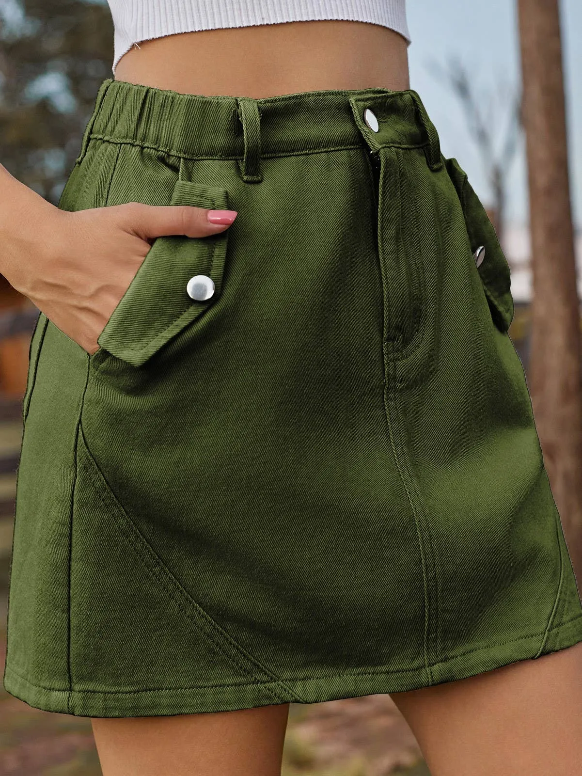 Elastic waist colored high rise cargo denim mini skirt: Beige / L