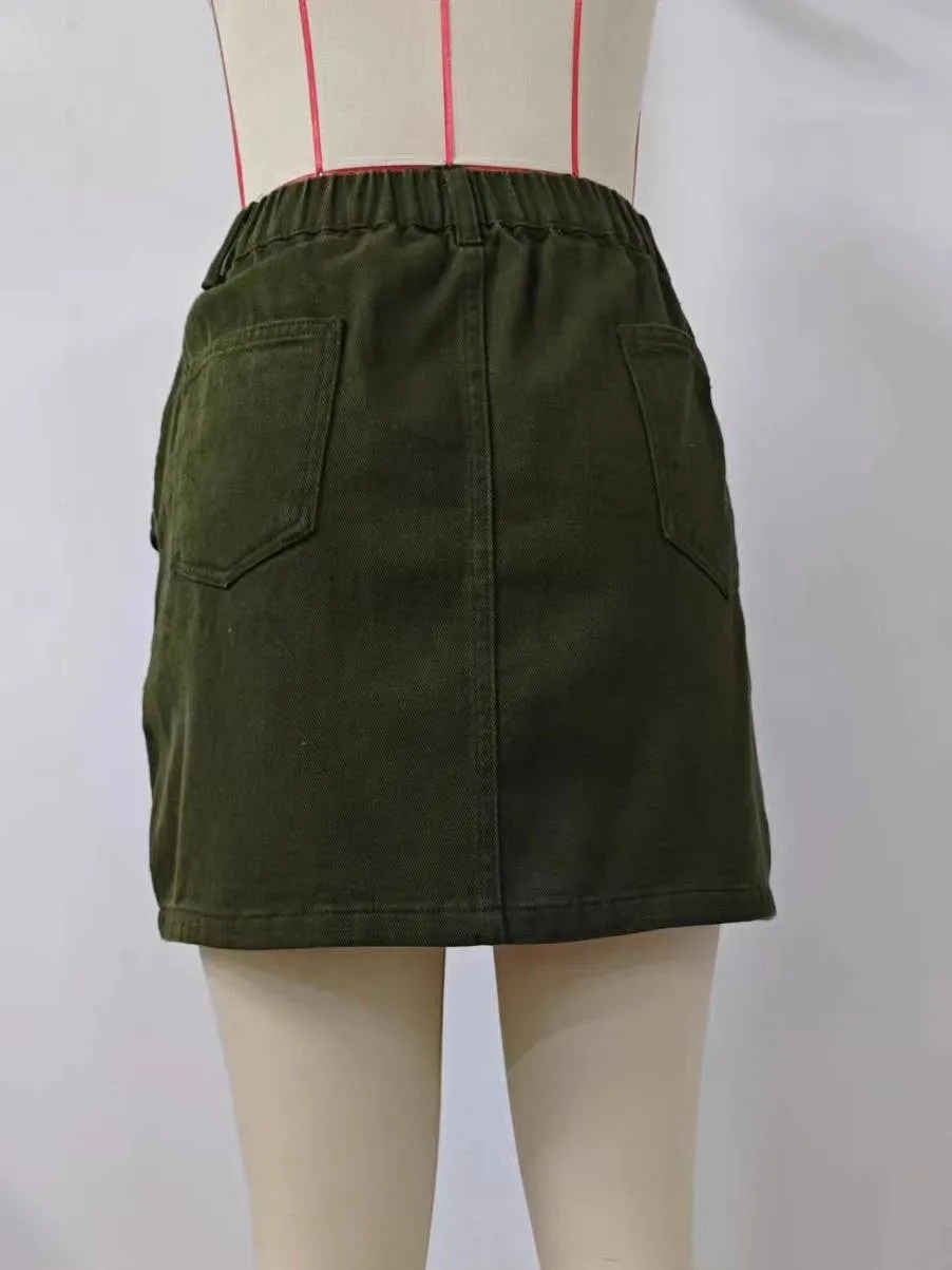 Elastic waist colored high rise cargo denim mini skirt: Beige / L