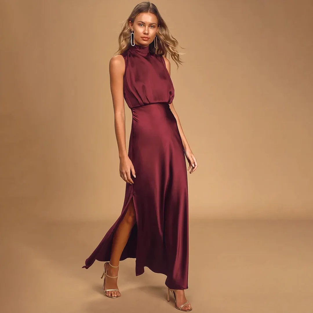 Elegance Wine Satin Sleeveless Mock Neck Maxi Dress