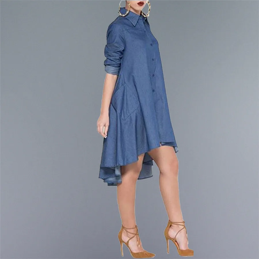 Elegant Casual Style Women Loose Dress Fashion Turn Down Neck Long Sleeve Denim Jeans Lady Shirt Dresses