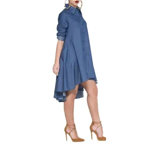 Elegant Casual Style Women Loose Dress Fashion Turn Down Neck Long Sleeve Denim Jeans Lady Shirt Dresses