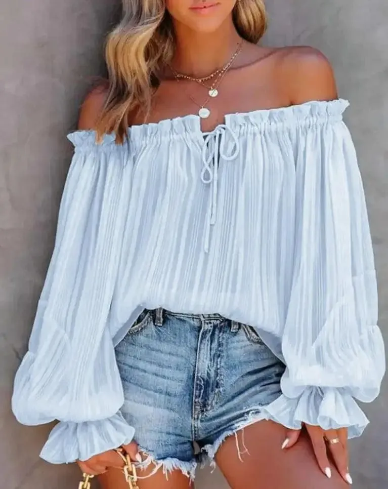 Elegant Women Lantern Sleeve Blouse Sexy Off Shoulder Frill Hem Top All-Match White Shirt Stylish and Eye Catching