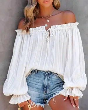 Elegant Women Lantern Sleeve Blouse Sexy Off Shoulder Frill Hem Top All-Match White Shirt Stylish and Eye Catching