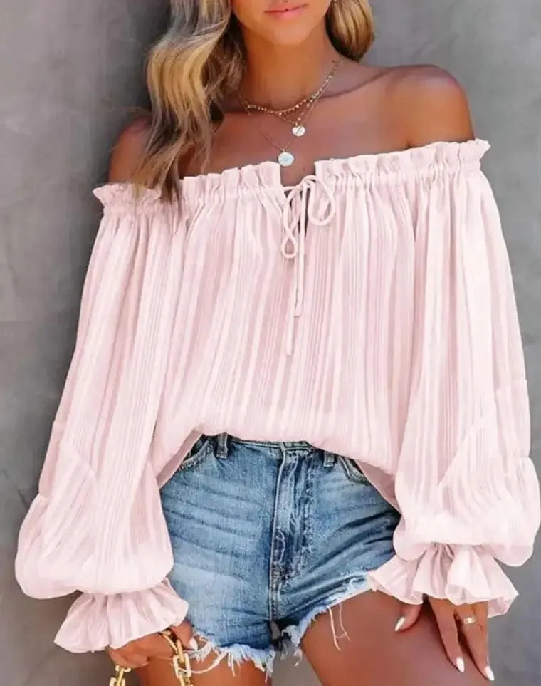 Elegant Women Lantern Sleeve Blouse Sexy Off Shoulder Frill Hem Top All-Match White Shirt Stylish and Eye Catching