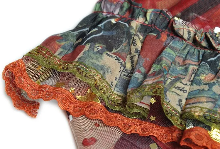 Elvera Stand Collar Flare Sleeve Sequins Ruffles Flower Print Vintage Party Dress