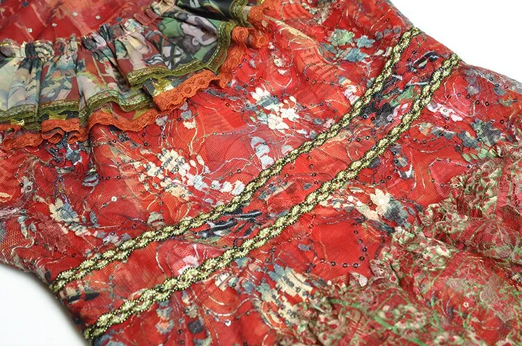 Elvera Stand Collar Flare Sleeve Sequins Ruffles Flower Print Vintage Party Dress