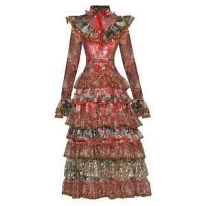 Elvera Stand Collar Flare Sleeve Sequins Ruffles Flower Print Vintage Party Dress