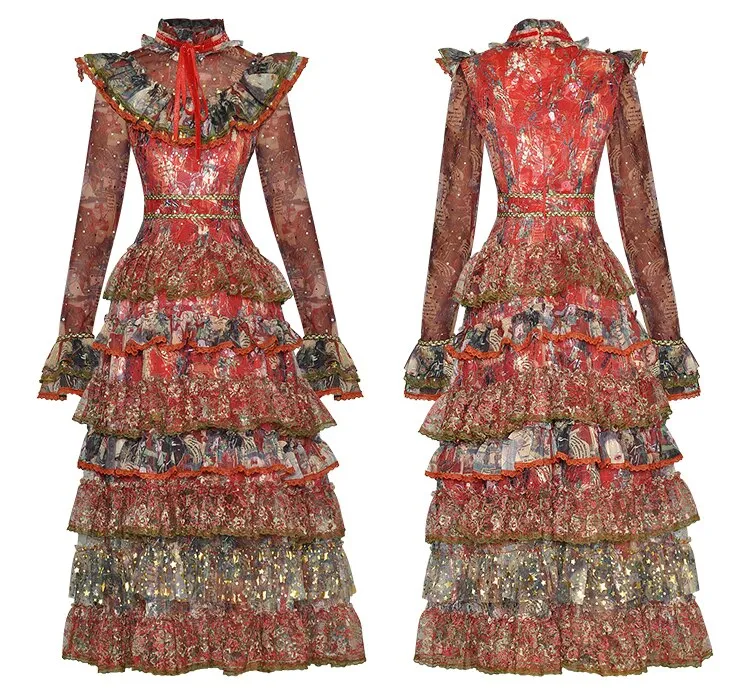 Elvera Stand Collar Flare Sleeve Sequins Ruffles Flower Print Vintage Party Dress