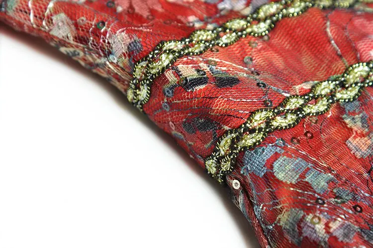 Elvera Stand Collar Flare Sleeve Sequins Ruffles Flower Print Vintage Party Dress