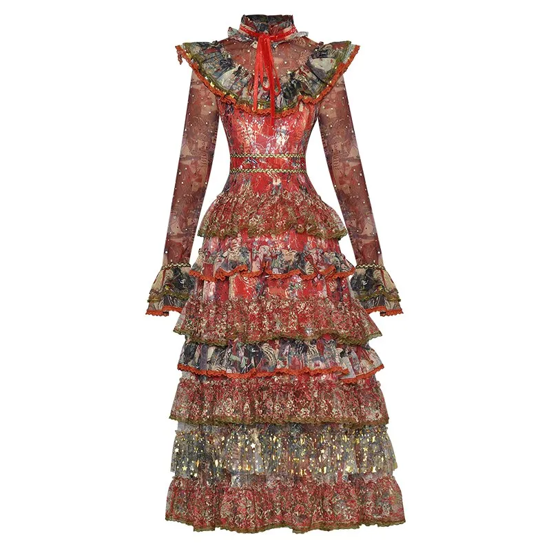 Elvera Stand Collar Flare Sleeve Sequins Ruffles Flower Print Vintage Party Dress