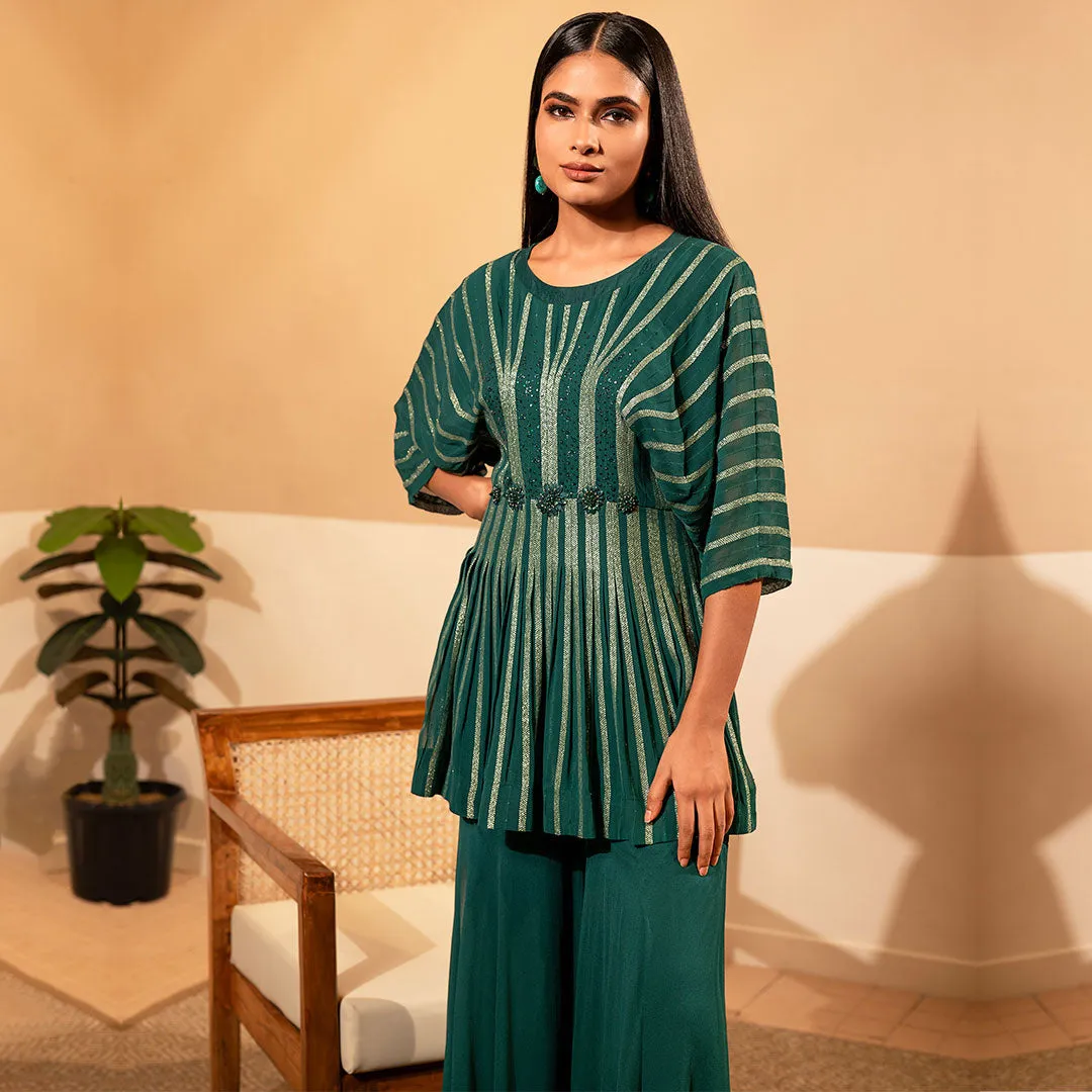 Emarald Green Pleated Palazzo And Sequinned Tunic